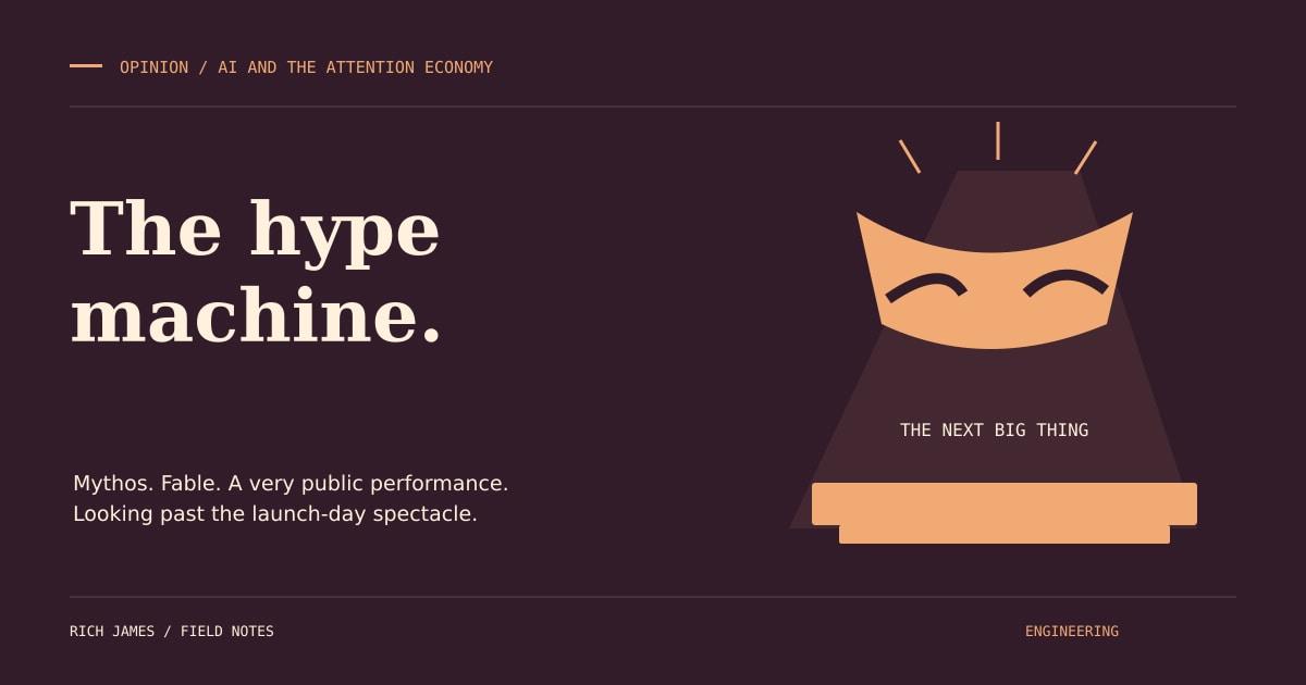 The hype machine: a theatrical mask above a spotlighted stage on a burgundy background.