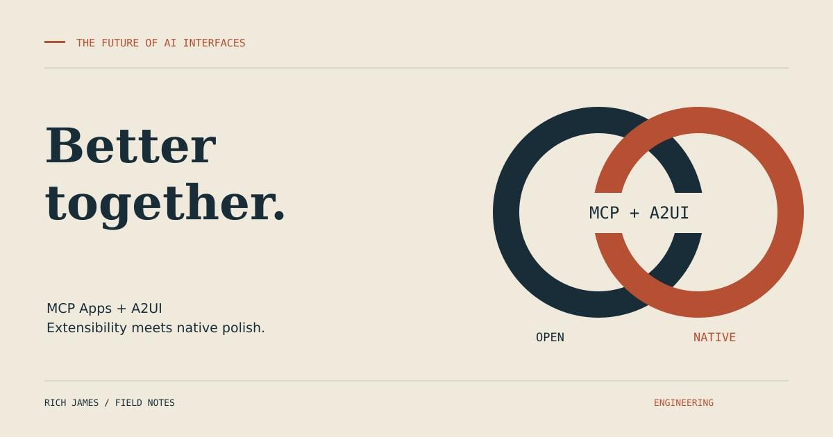 Better together: interlocking navy and terracotta rings connect MCP Apps and A2UI.