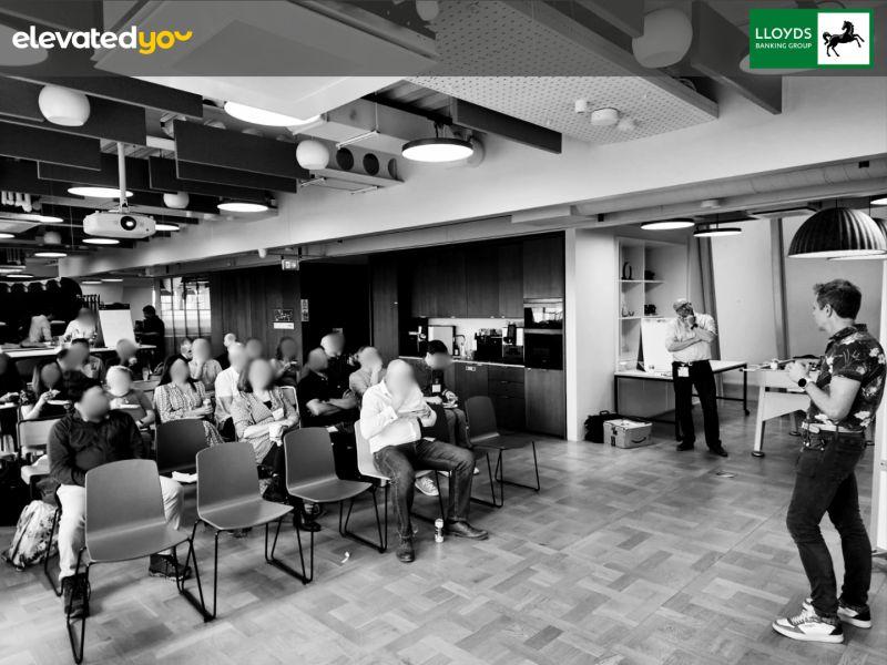 A black-and-white photograph of the Lloyds Banking Group leadership event.
