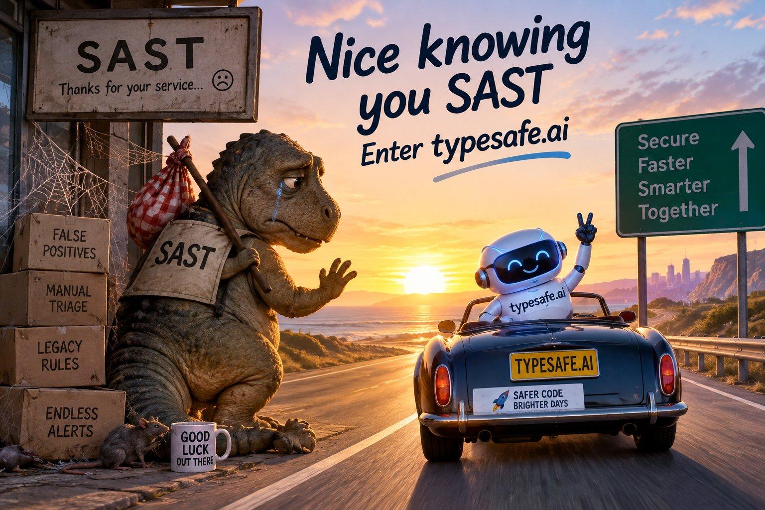 Nice knowing you SAST: a dinosaur faces a small robot introducing TypeSafe security scanning.